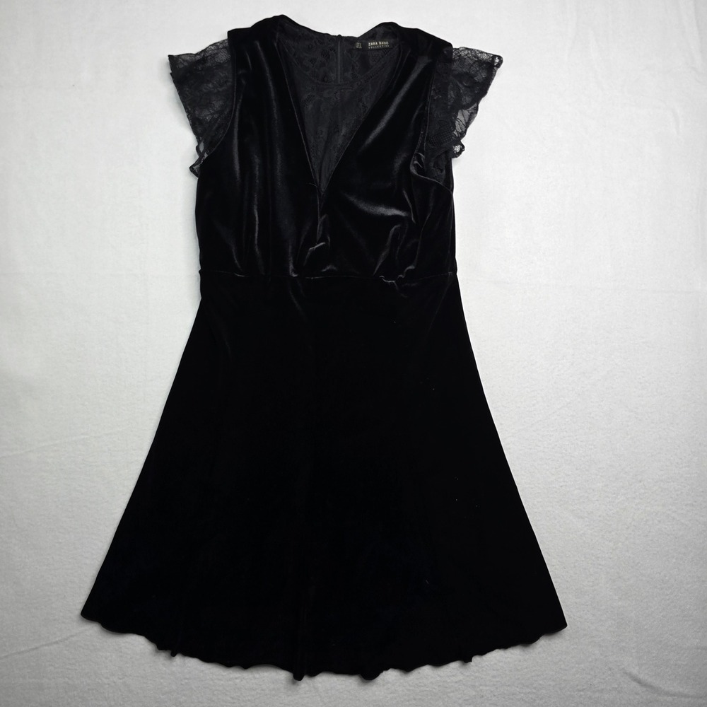 Zara‎ Basic Black Velvet Dress Lace Detail Fit & Flare Sleeveless Mini S